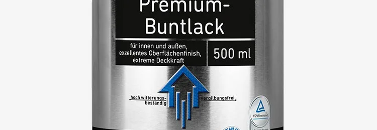 Silberne Farbdose mit dem Etikett "Premium-Buntlack"